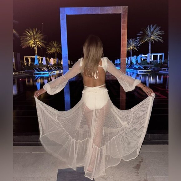 PatBO ! Netted Long Sleeve Fringe Beach Dress in Ivory ( Small ) - Picture 7 of 14